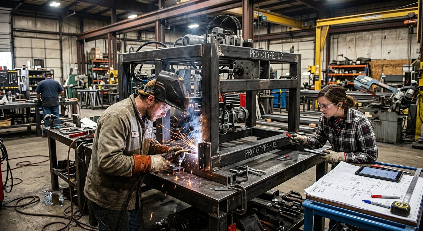 Engineers fabricating a custom test frame in the workshop