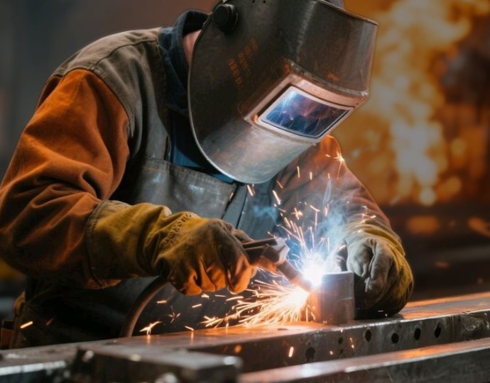 Welder at work in the Hamburg Maschinen fabrication shop